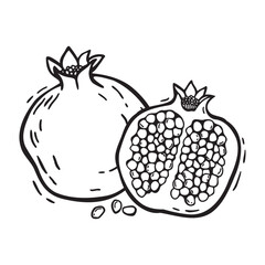 A whole pomegranate fruit and half with pulp. Vector botanical black and white hand drawn illustration in linocut style on isolated background. Drawing for food and cosmetics packaging design, menu.