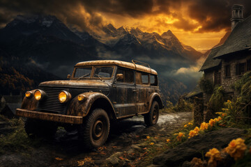 an expedition SUV car in front of mountains, beautiful dramatic landscape