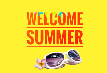 Welcome summer on yellow background, design sunglasses with plumeria flower and welcome summer...