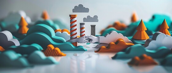 Conceptual illustration showcasing environmental impact of industrial pollution on nature with vibrant paper cut-out art style, factory and tree figures.