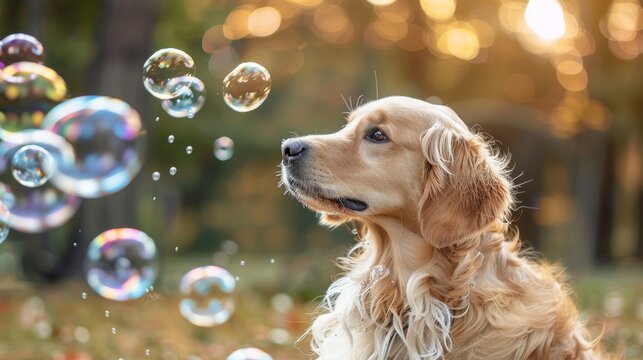 A playful scene of a pet dog trying to catch floating soap bubbles, capturing the fun and effervescence of the moment.