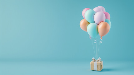 Colorful Balloons Carrying A Gift Box On Blue Background