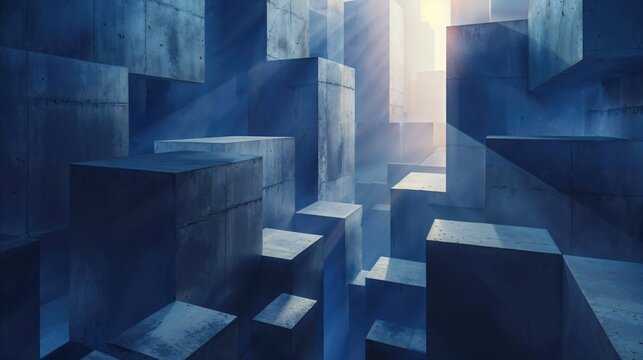 Blue Abstract 3D Illustration with Geometric Forms. Modern Tech Background Wallpaper.