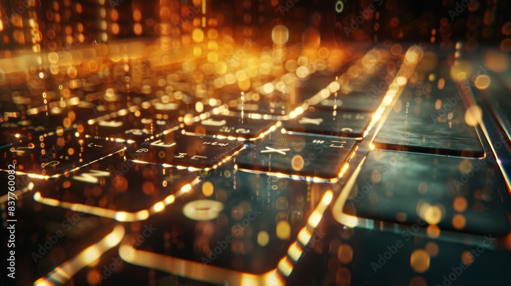 Poster a close up of a computer keyboard with some lights shining on it, ai