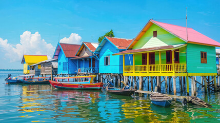 Tourism Background with a Beautiful Tropical Waters. Lagoon Background with Boats and Buildings.