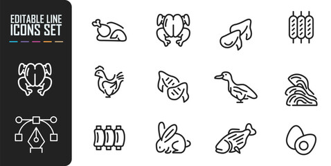 Set of line icons in linear style. Series - Meat. Meat products, food and semi-finished products. Types of meat and sausages. Outline icon collection. Pictogram and infographic. Editable stroke.