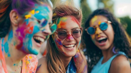 Close-up of cheerful young adults with faces painted celebrating Holi festival, symbolizing friendship and joy