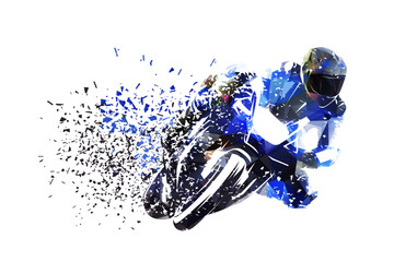 Motorcycle rider on road motorbike. Moto racing, low poly isolated vector illustration, distortion effect