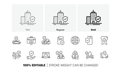 Family care, risk, help service. Insurance line icons set. Car accident, flood insurance, flight protection icons. Safety document, money savings, delivery risk. Car full coverage. Vector