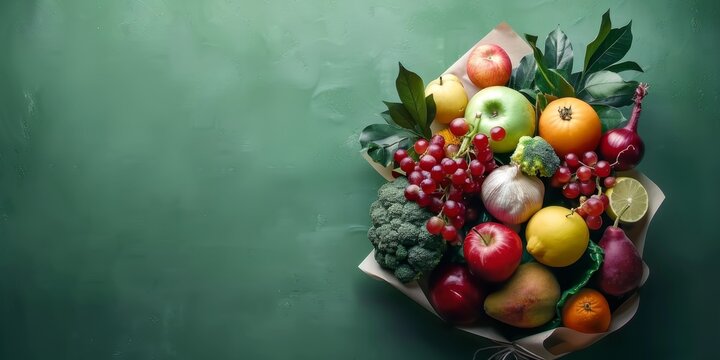 On a dark green background, various fresh summer seasonal fruits and vegetables form a bouquet, wrapped in wrapping paper, 4k high-definition wallpaper, background, generated by AI.Vibrant Summer Boun