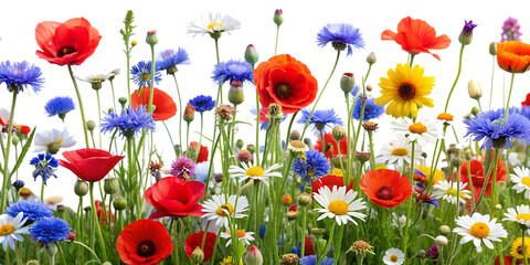 Obraz premium Wildflower bed rich in diversity, featuring a mix of poppies, daisies, and cornflowers, celebrating the beauty of native flora, isolated on white background. AI GENERATED