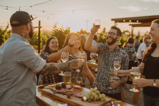 Celebratory Toast at Sunset: Friends Raising Glasses at Outdoor Gathering