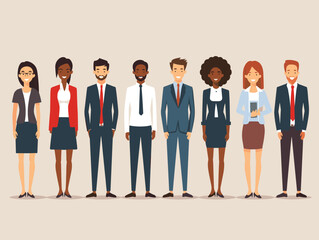 Diverse group professionals standing together, multicultural business people smiling. Corporate team diversity, men women business attire. Cartoon characters, office workers, simple style