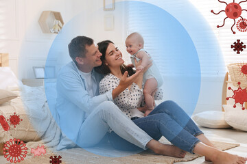 Happy family with strong immunity at home. Bubble around them blocking viruses, illustration