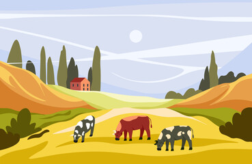 Cows Grazing in Valley vector