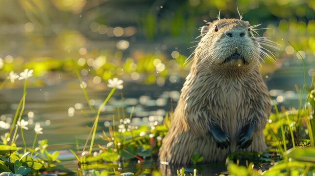 Coypu. White nutria on green grass. Close up