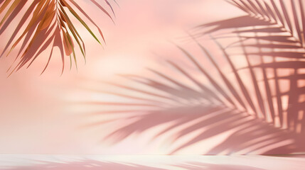 Fototapeta premium Blurred shadow from palm leaves on the light pink wall. Minimal abstract background for product presentation. Spring and summer.