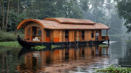 Travel tourism Kerala background - houseboat on Alleppey backwaters. Kerala houseboat image 