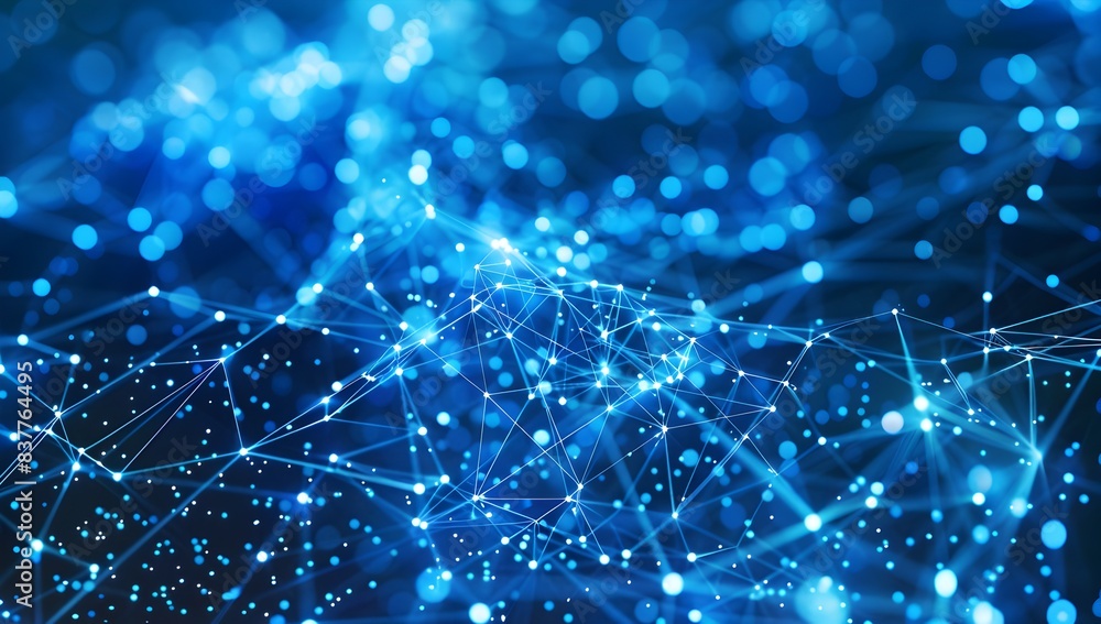 Poster abstract digital background with a blue gradient and glowing network connections, representing globa
