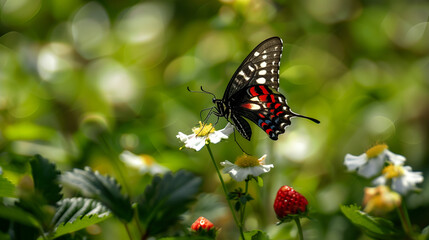 Obraz premium A butterfly on a flower showcases the intricate details and vibrant colors of nature. This serene scene captures the essence of beauty and the delicate balance of the ecosystem.