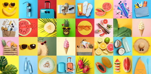 Collage with beach accessories and other summer stuff, banner design