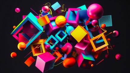 An abstract 3D wall art consisting of geometric shapes like cubes and spheres in a chaotic arrangement, painted in vibrant neon colors against a stark black background.