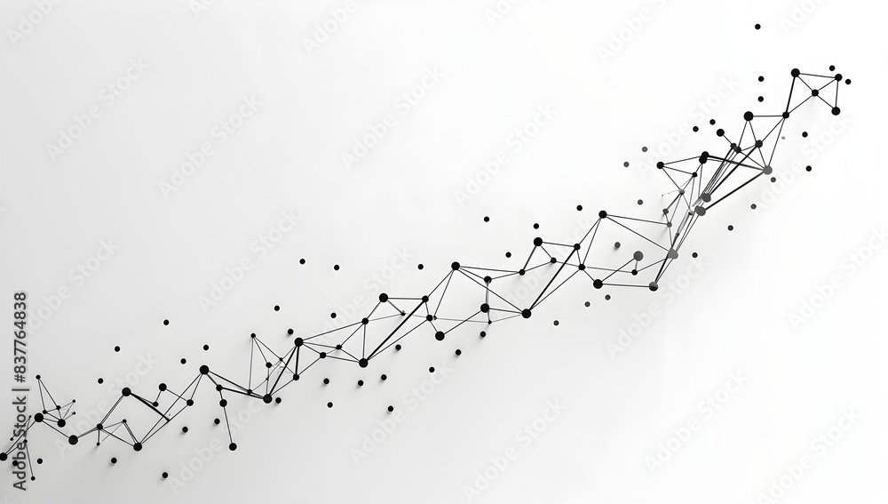 Poster white background, black lines connecting dots in the shape of an arrow going up and to the right, a 