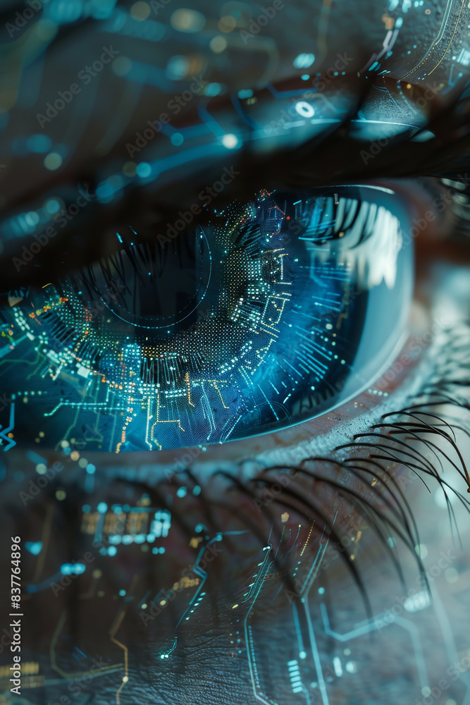 Poster a futuristic digital eye with intricate circuit patterns showcasing innovation and advanced technolo