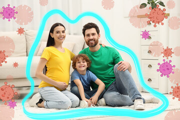 Happy family at home. Strong immunity - resistance against infections. Illustration of viruses and outline