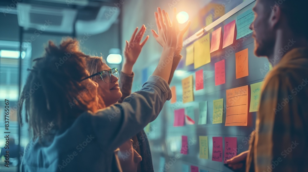 Poster two professionals engaging in a brainstorming session with colorful sticky notes