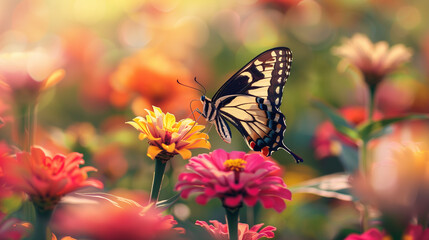 Obraz premium A delicate butterfly alights upon a vibrant blossom, its graceful wings a symphony of color amidst the petals, embodying the ephemeral beauty of nature's dance.