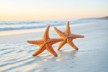 Fototapeta na wymiar Two Starfish on a Sandy Beach at Sunset