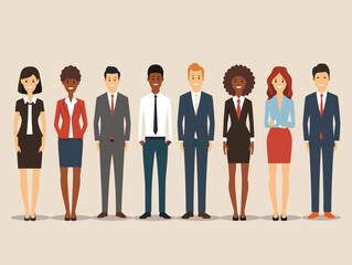 Diverse group professional people standing confident. Business team corporate staff members illustration. Ethnic variety workplace, men women business attire smiling