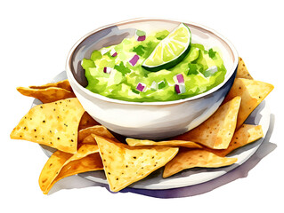 Illustration of fresh avocado guacamole dip with salted tortilla chips in bowl