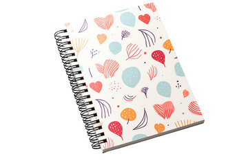 A colorful spiral-bound notebook featuring a cute design with heart, feather, and abstract patterns on the cover. Perfect for daily notes.
