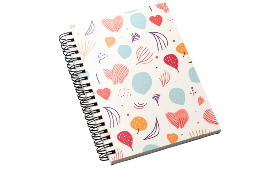 A colorful spiral-bound notebook featuring a cute design with heart, feather, and abstract patterns on the cover. Perfect for daily notes.