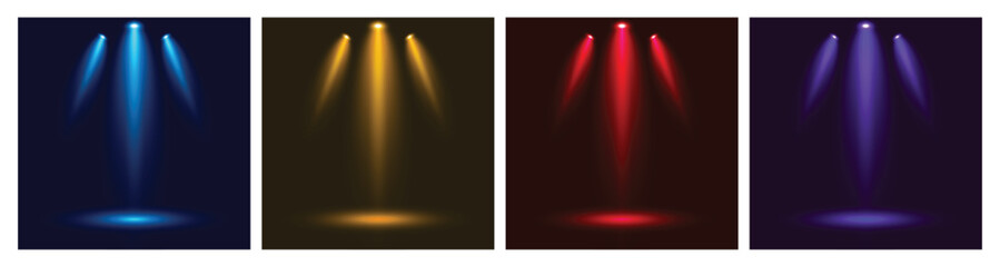 Spotlight light stage backdrop in blue, red, yellow and purple color. Background for displaying products.
