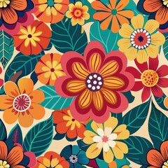 Seamless pattern of retro floral motifs with bright and contrasting hues, Generative AI