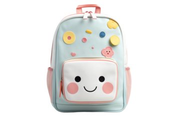 Cute pastel-colored backpack with a smiling face design, perfect for kids and school use, featuring multiple playful buttons.