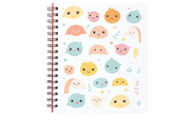 Cute notebook with colorful smiling cartoon characters on a spiral binding, perfect for kids and fun note-taking.