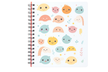 Cute notebook with colorful smiling cartoon characters on a spiral binding, perfect for kids and fun note-taking.