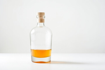 Glass bottle with a cork stopper and amber liquid
