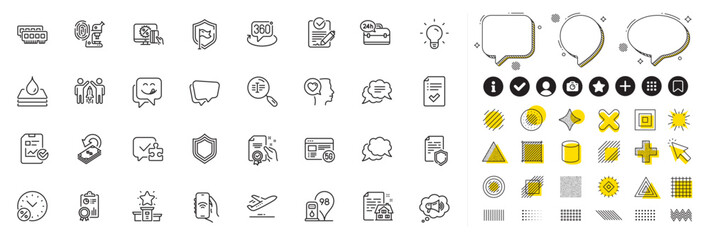 Set of Puzzle, Certificate and Loan percent line icons for web app. Design elements, Social media icons. Rfp, Approved checklist, Text message icons. Vector