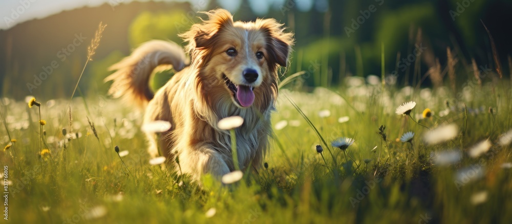 Poster A pleasant canine strolling in the meadow with a backdrop of beautiful greenery, ideal as a copy space image in a natural setting.