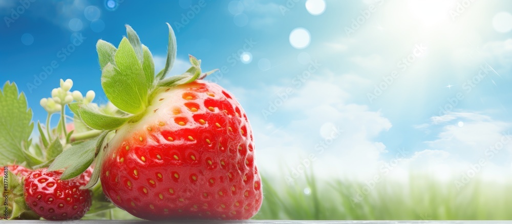 Poster summer time food background featuring a strawberry with a copy space image.