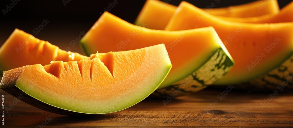 Poster slices of cantaloupe melon with copy space image.
