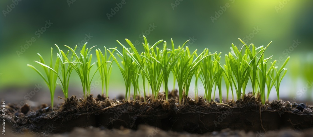 Aufkleber A cluster of young rice sprouts on display, ready-to-plant seedlings in a rice field, showcasing a rustic setting with copy space image.