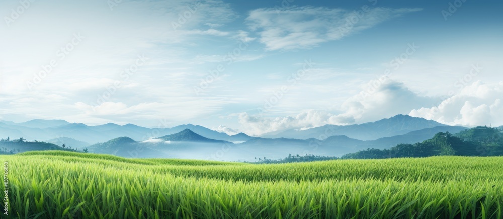 Poster field of rice with a vast landscape, providing a serene backdrop for a copy space image.