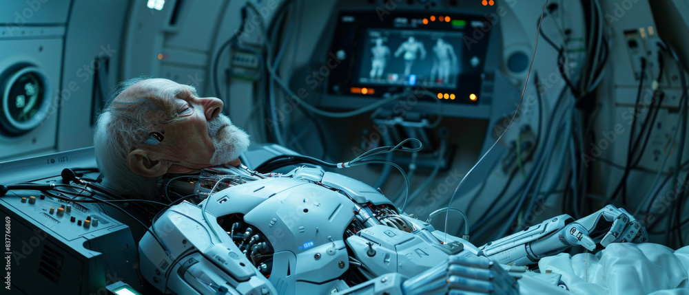 Poster old man undergoes mind transfer process to bionic robot body in high-tech lab