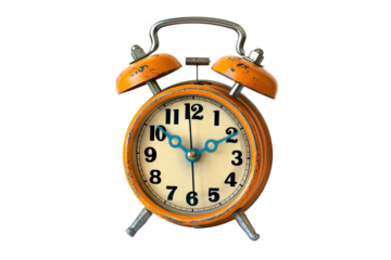 Vintage orange alarm clock with two bells, showing 7:00 o'clock, isolated on a white background.